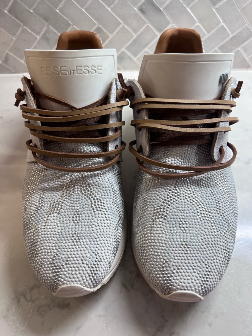 Women's Silver Knit Slip-On Sneakers with Tan Laces